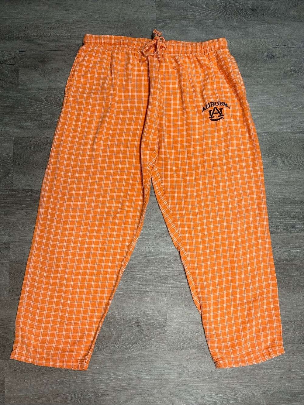 Auburn University fan gear lounge pants orange and white plaid Sz L